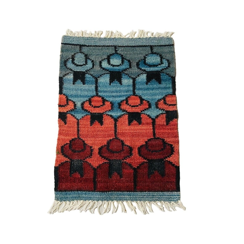 Hand Woven Wool Rug Adorable Print of English Girls in Hats 11" x 16" Table Mat